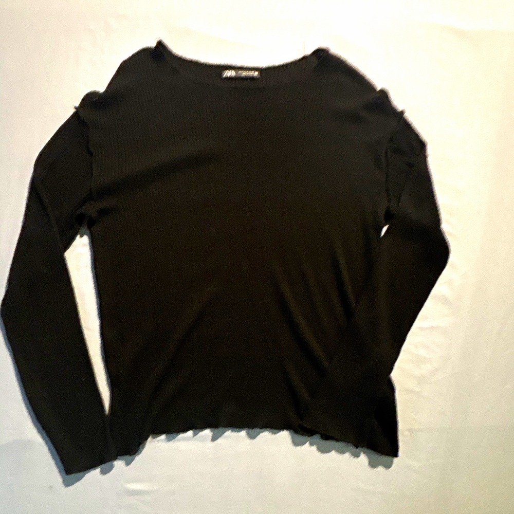 Zara Womens Black Ribbed Knit Long Sleeve Top Raw Seam Lettuce Hem Small